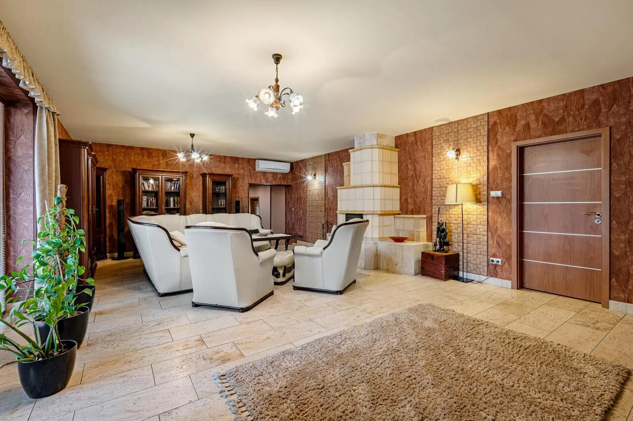 Elegant living room with tile stove